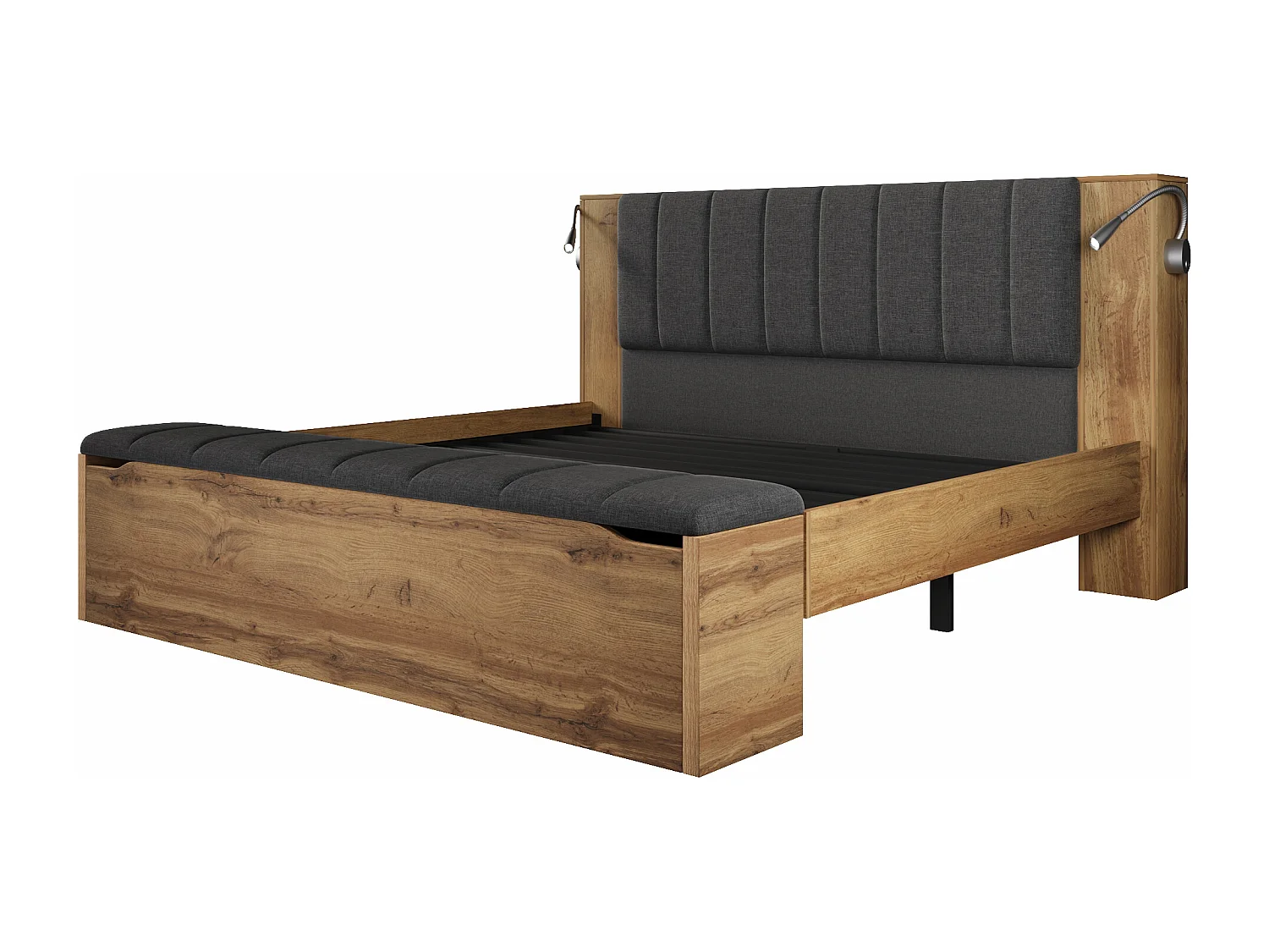 Volwassenbed 180x200 cm met 2 ledlampen, USB-poorten, krukje en 2 nachtkastjes - Hout en grijze kleur