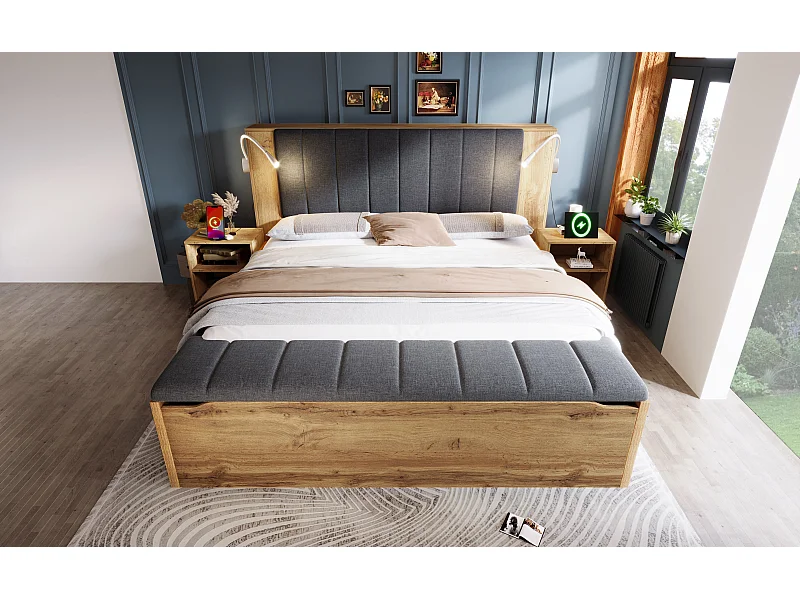 Volwassenbed 180x200 cm met 2 ledlampen, USB-poorten, krukje en 2 nachtkastjes - Hout en grijze kleur