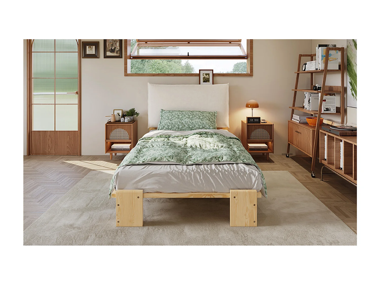 Lit simple 90x200 cm en bois - Tête de lit avec fermeture velcro - Couleur bois clair