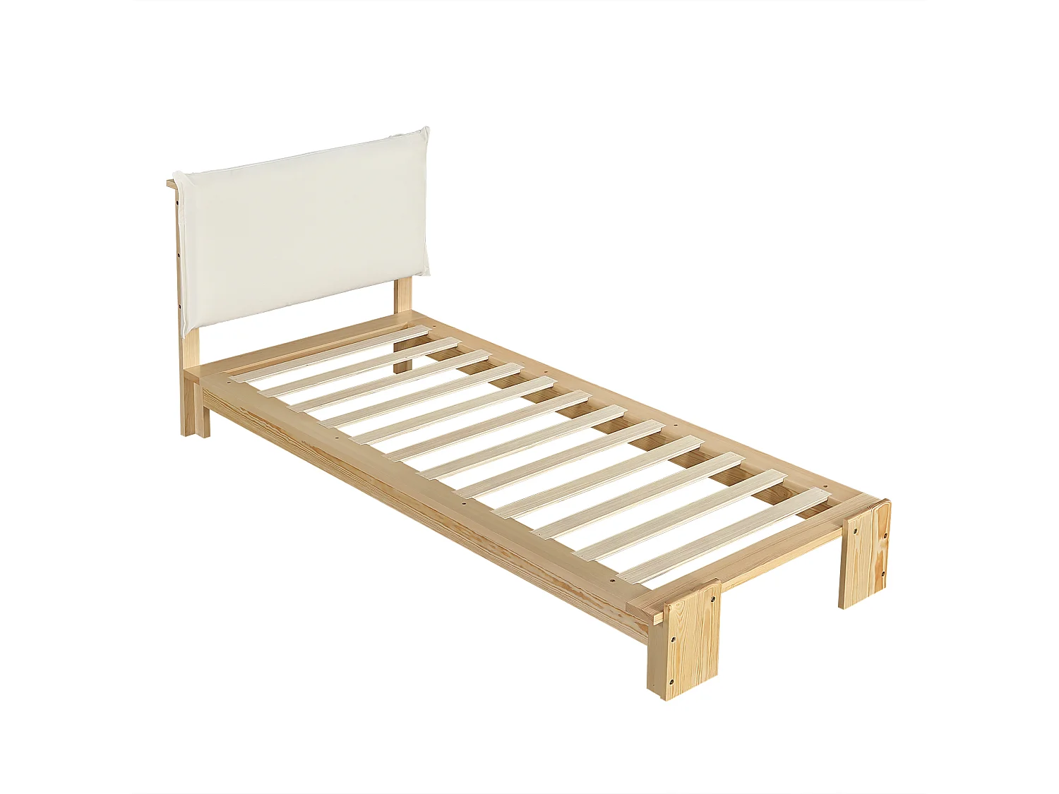 Lit simple 90x200 cm en bois - Tête de lit avec fermeture velcro - Couleur bois clair