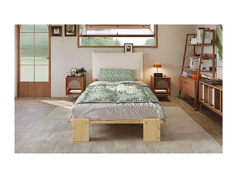 Lit simple 90x200 cm en bois - Tête de lit avec fermeture velcro - Couleur bois clair