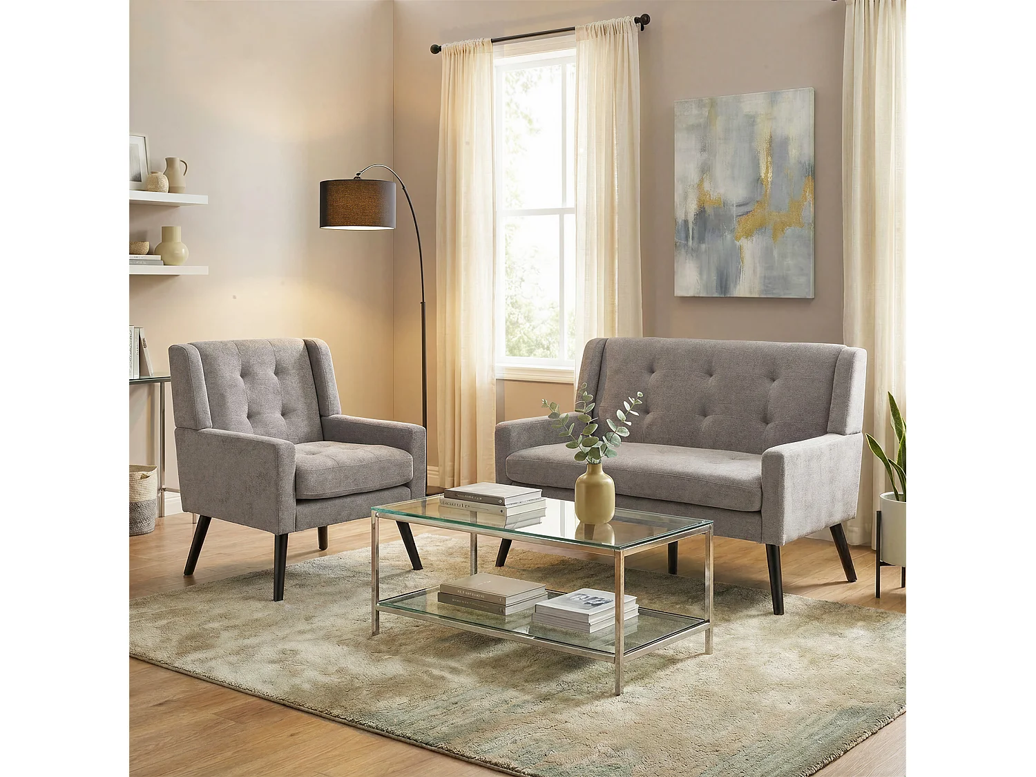 Canapé 2 places et fauteuils en tissu lin gris clair - Ensemble de 2 avec pieds en bois