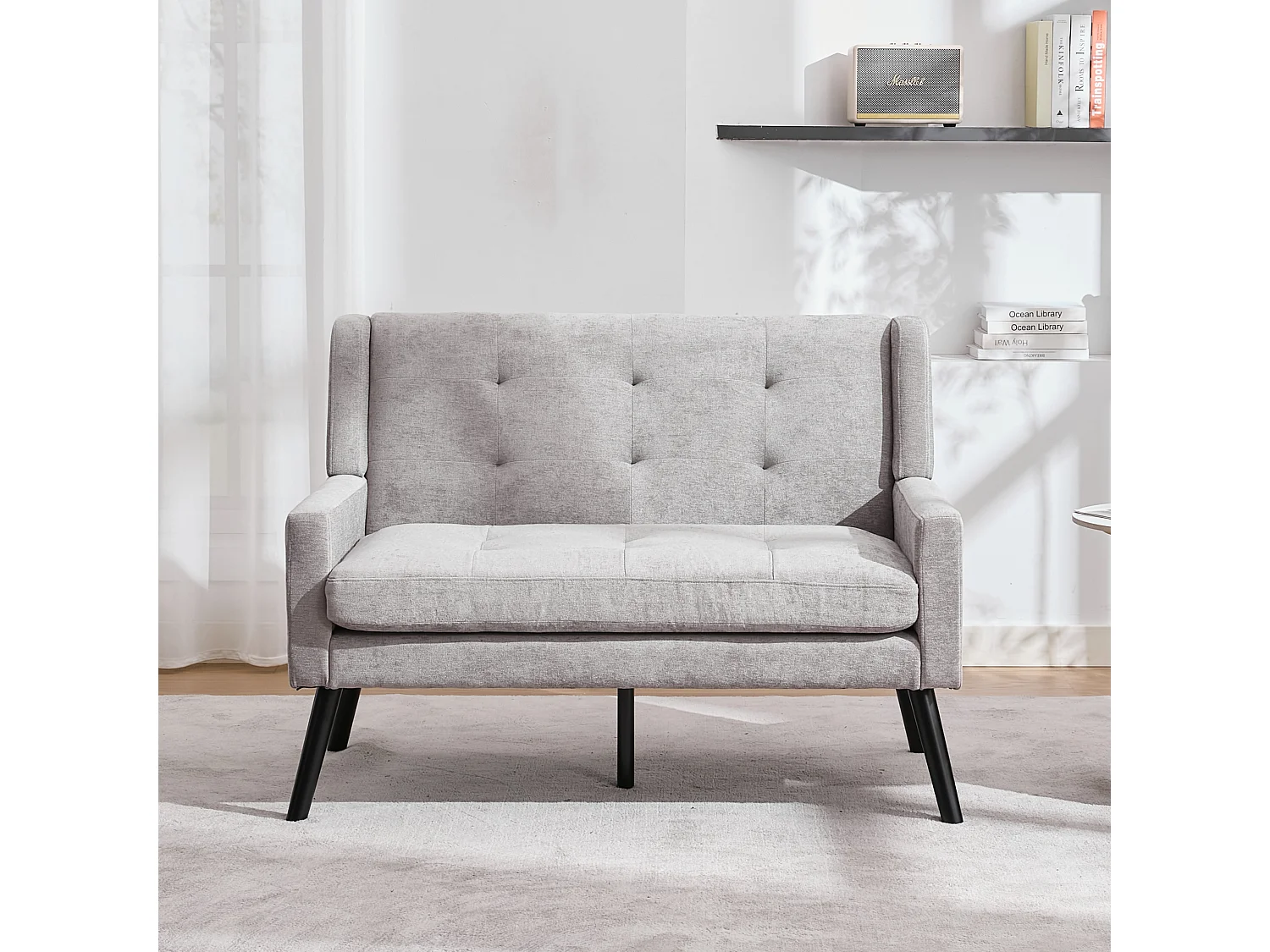 Canapé 2 places et fauteuils en tissu lin gris clair - Ensemble de 2 avec pieds en bois