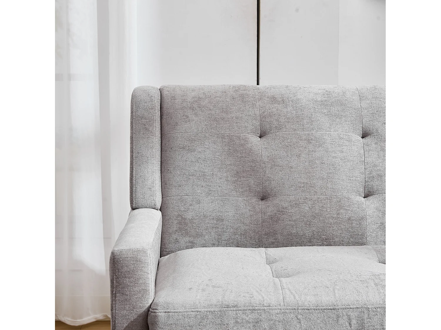 Canapé 2 places et fauteuils en tissu lin gris clair - Ensemble de 2 avec pieds en bois