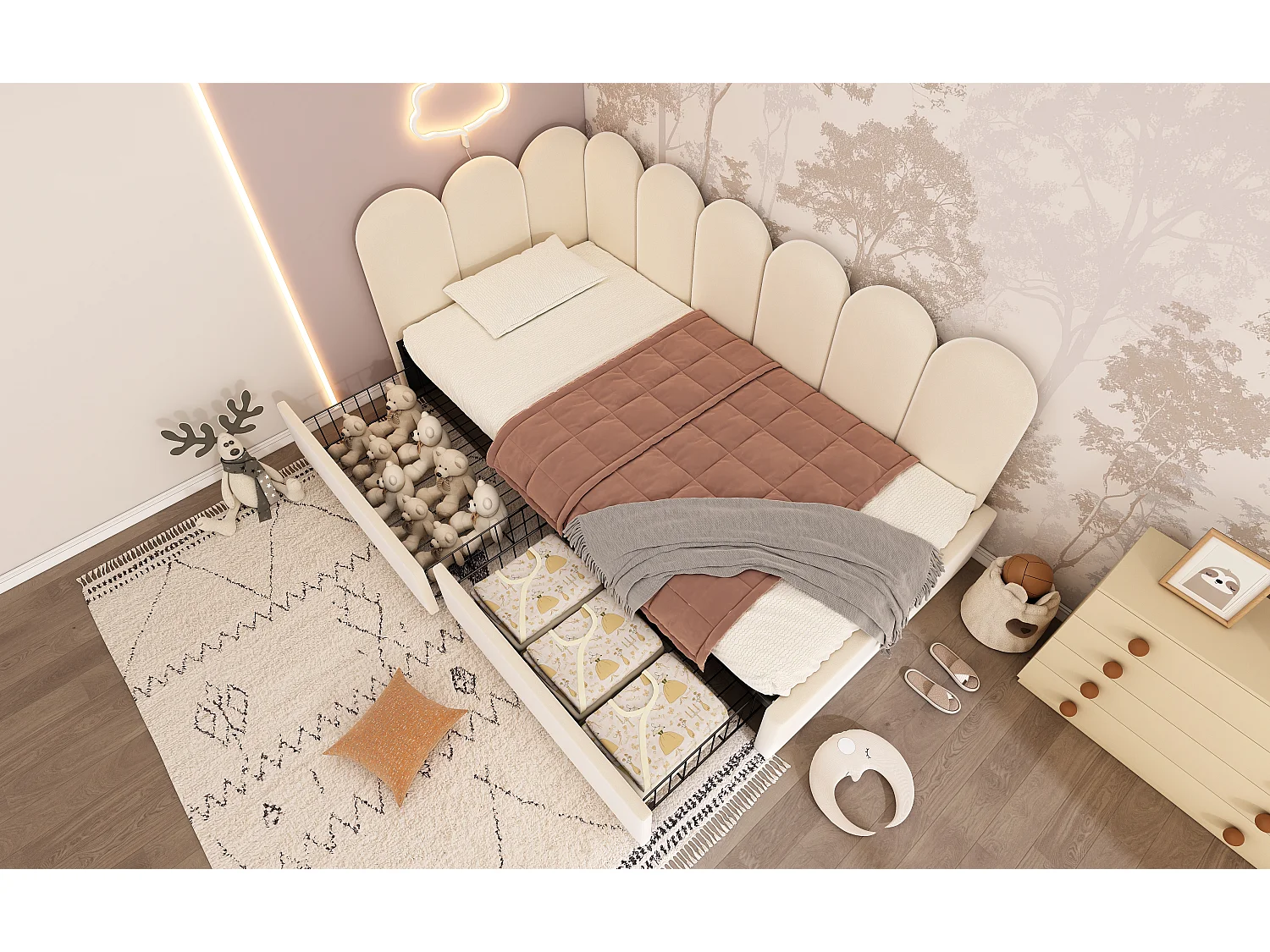 Sofá-cama de criança de 90x200 cm em veludo bege com 2 gavetas.