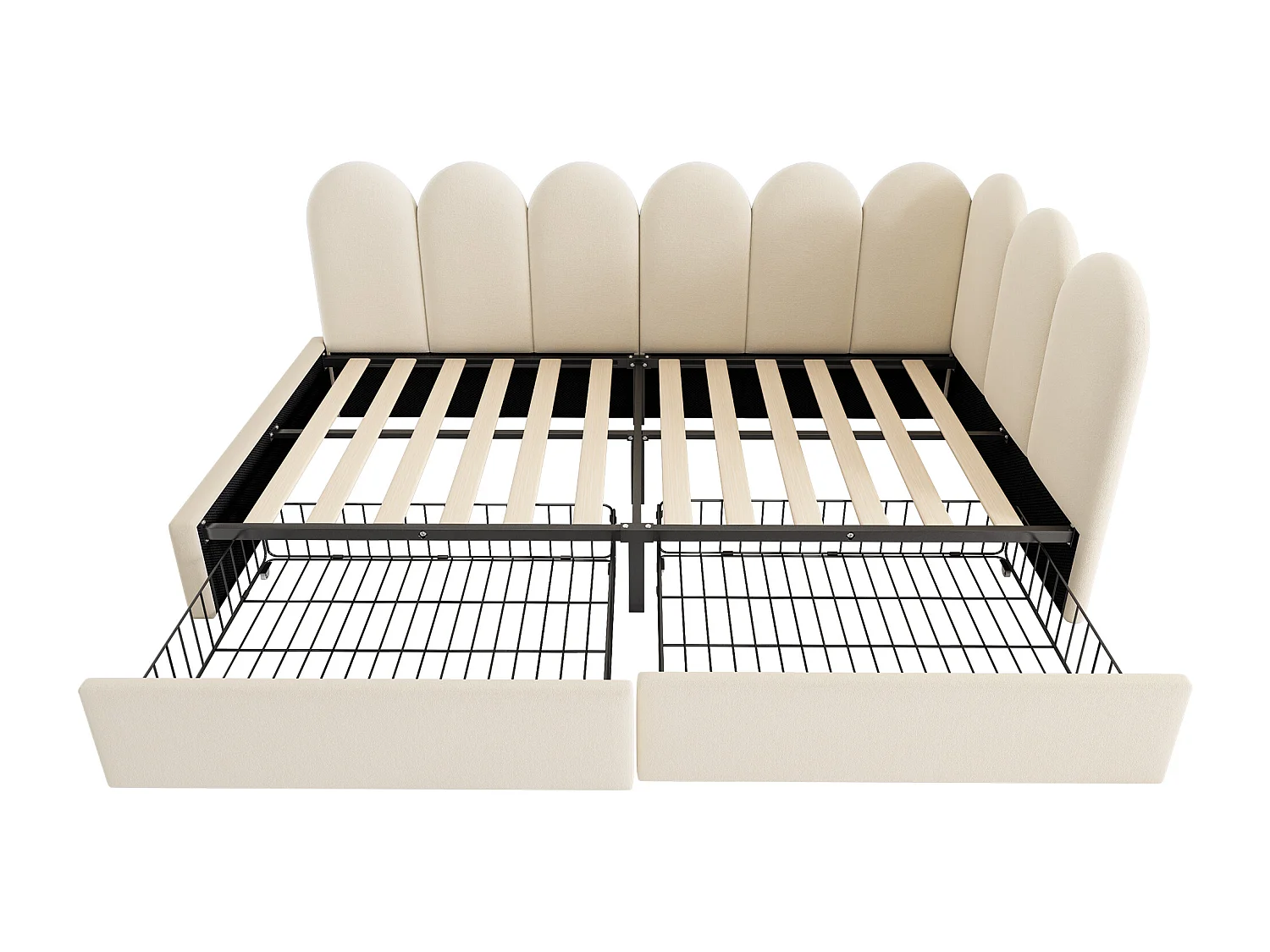 Sofá-cama de criança de 90x200 cm em veludo bege com 2 gavetas.