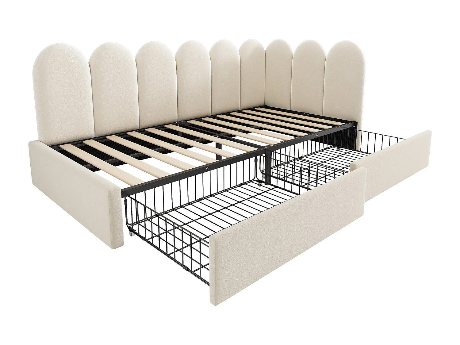 Sofá-cama de criança de 90x200 cm em veludo bege com 2 gavetas.