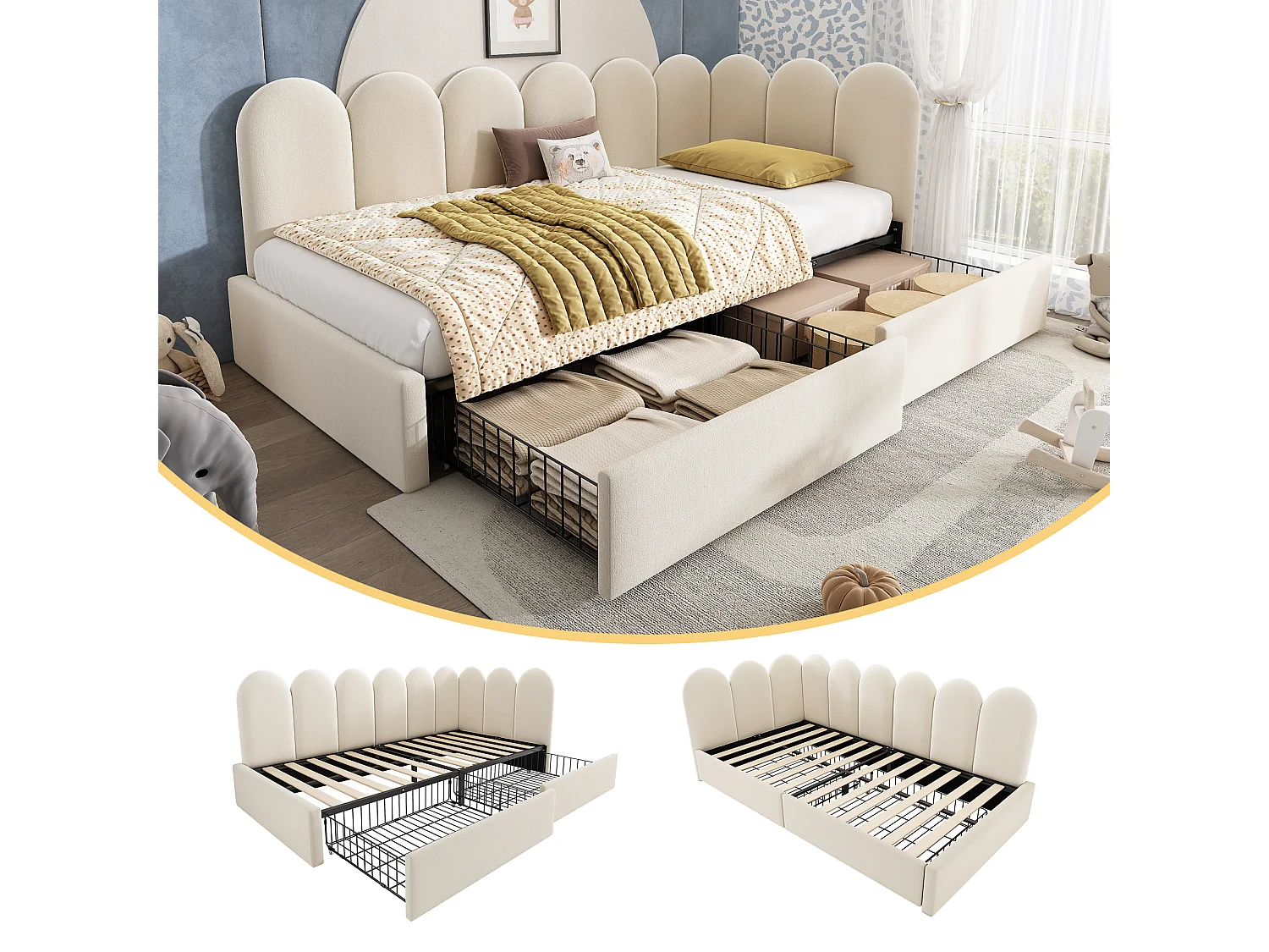 Sofá-cama de criança de 90x200 cm em veludo bege com 2 gavetas.