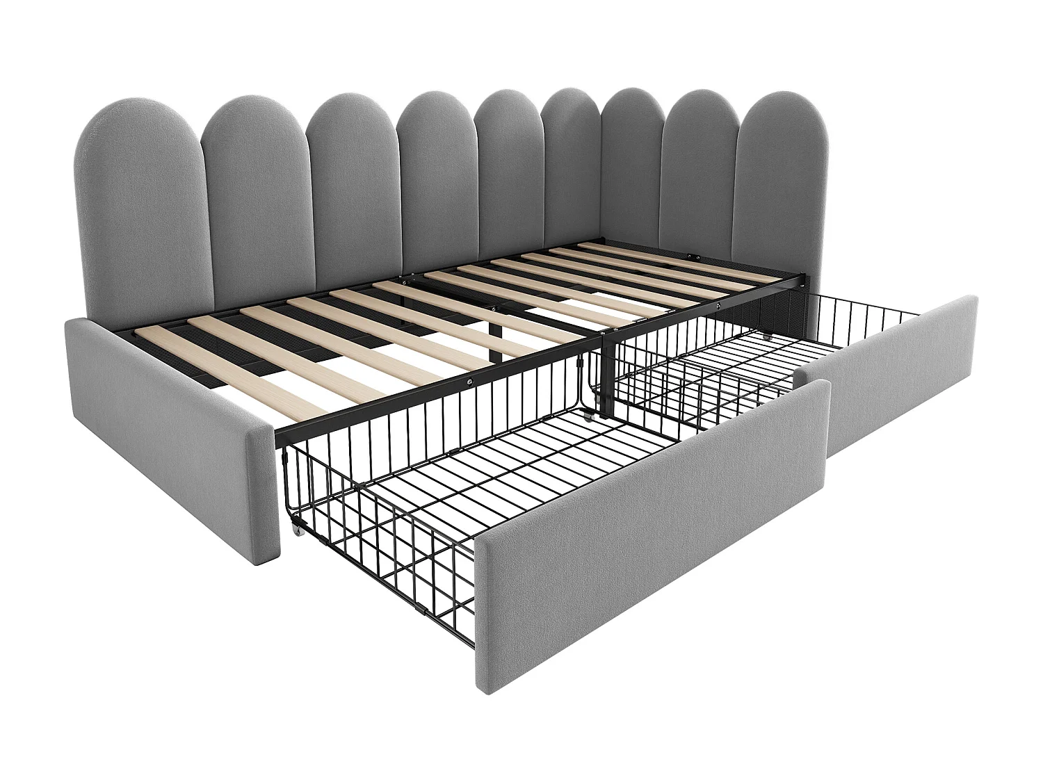 Divã infantil de 90x200 cm em veludo cinza com 2 gavetas