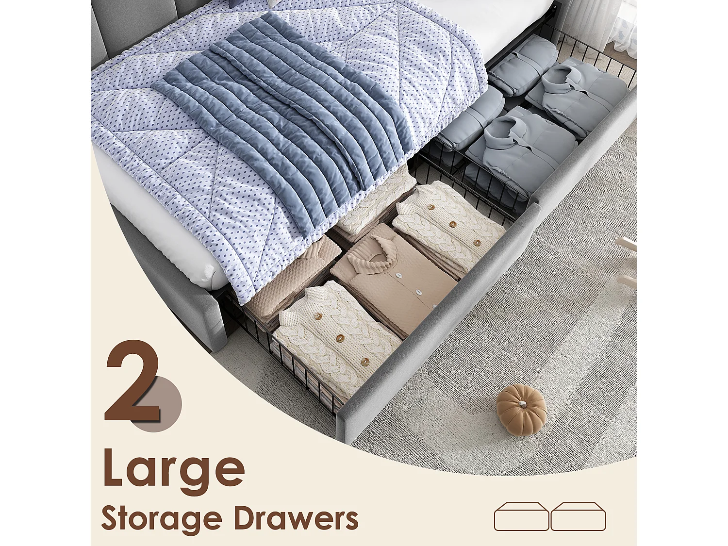 Divã infantil de 90x200 cm em veludo cinza com 2 gavetas