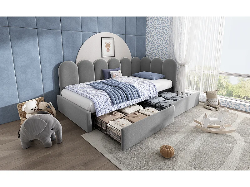 Lit banquette enfant 90x200 cm en velours gris avec 2 tiroirs