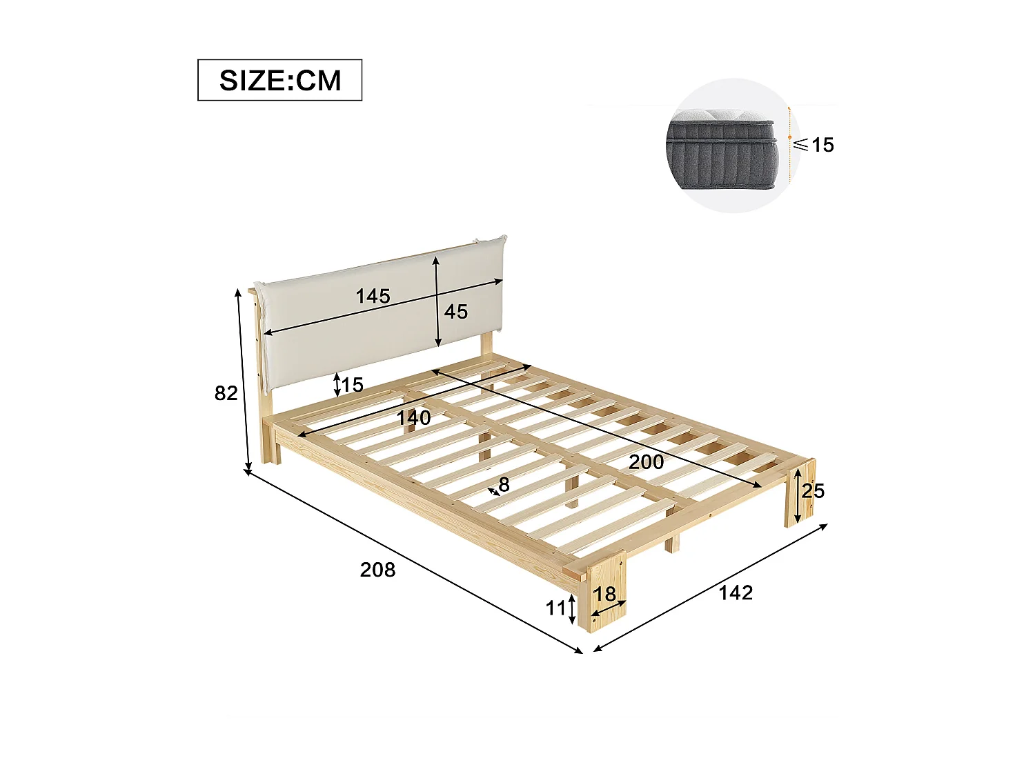Lit adulte 140x200 cm en bois - Tête de lit avec fermeture velcro - Couleur bois clair