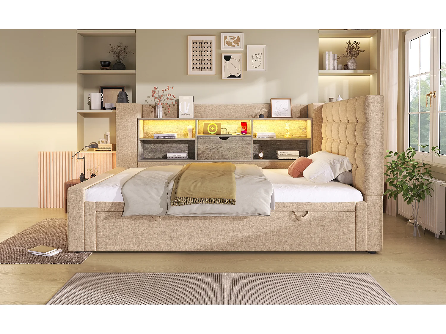 Lit banquette enfant 90x190/200 cm extensible 180x200 cm avec LED, ports USB - Lin beige