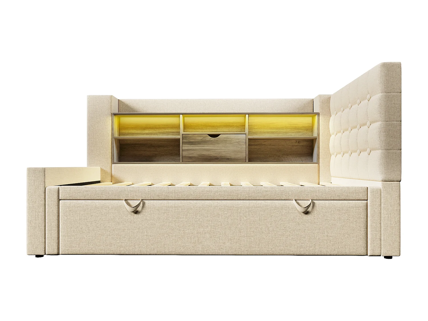 Lit banquette enfant 90x190/200 cm extensible 180x200 cm avec LED, ports USB - Lin beige