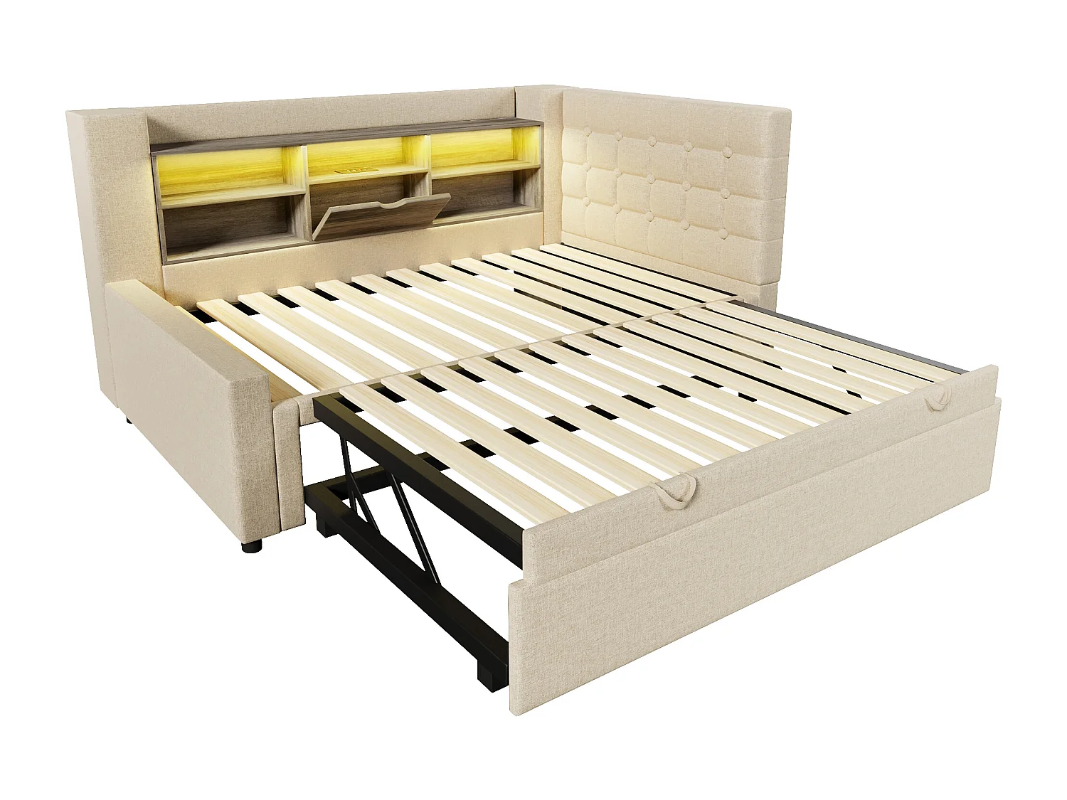 Lit banquette enfant 90x190/200 cm extensible 180x200 cm avec LED, ports USB - Lin beige