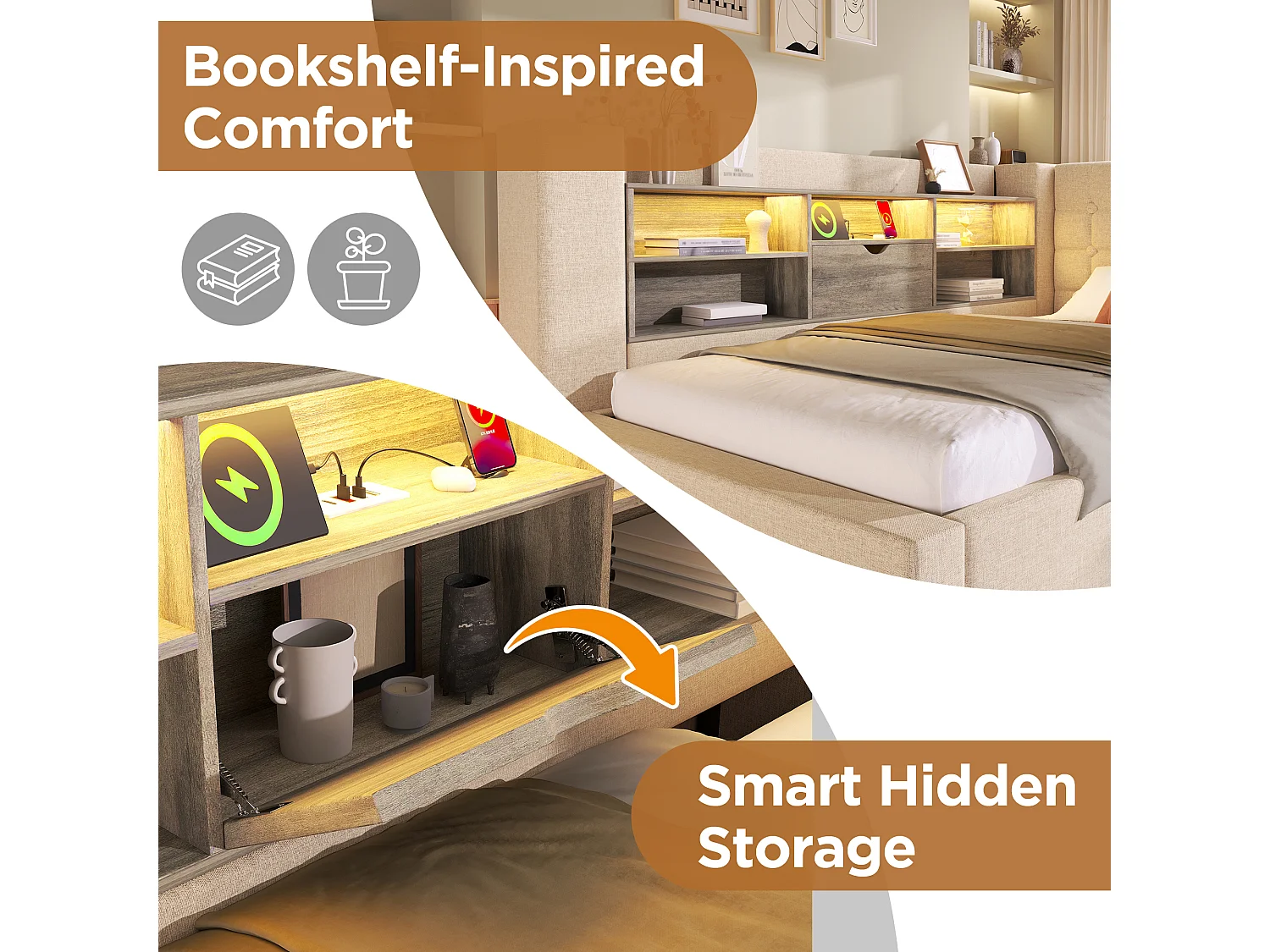 Lit banquette enfant 90x190/200 cm extensible 180x200 cm avec LED, ports USB - Lin beige