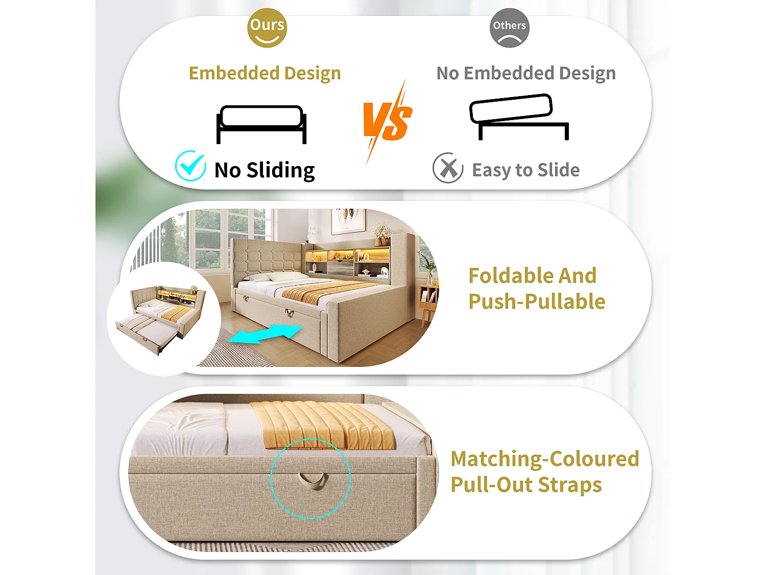 Lit banquette enfant 90x190/200 cm extensible 180x200 cm avec LED, ports USB - Lin beige