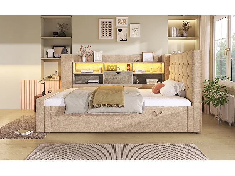 Lit banquette enfant 90x190/200 cm extensible 180x200 cm avec LED, ports USB - Lin beige