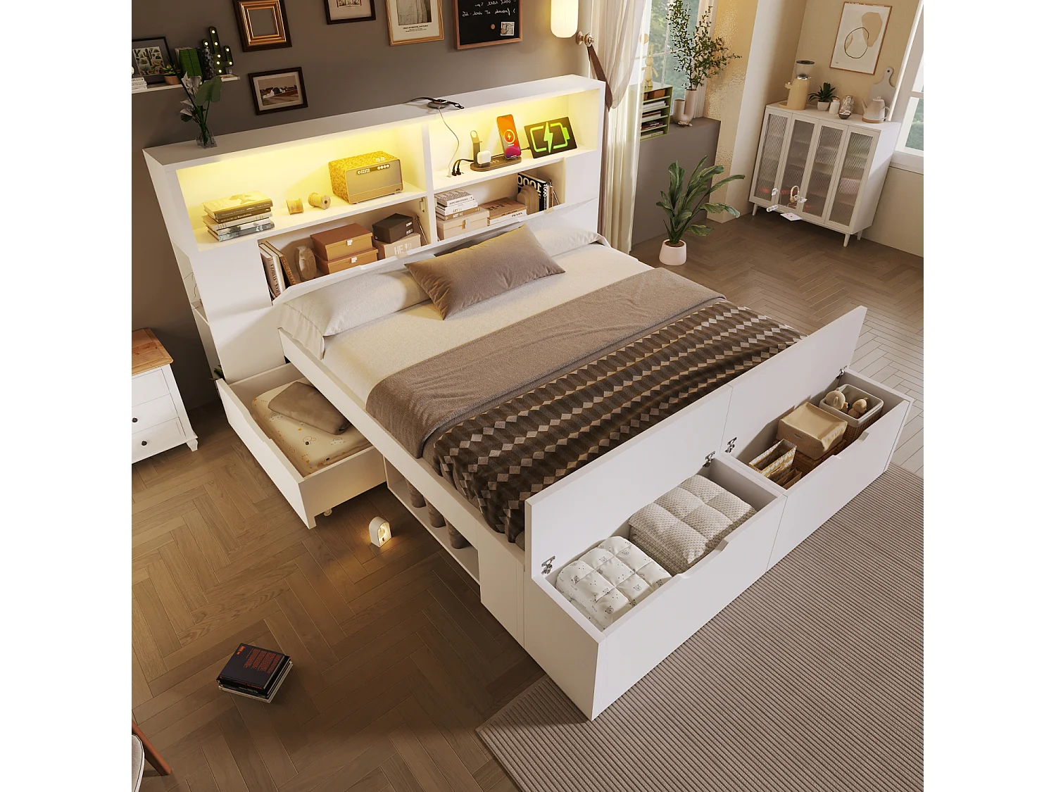 Lit adulte 140x200 cm avec LED, ports USB, tiroirs et banc - Bois blanc