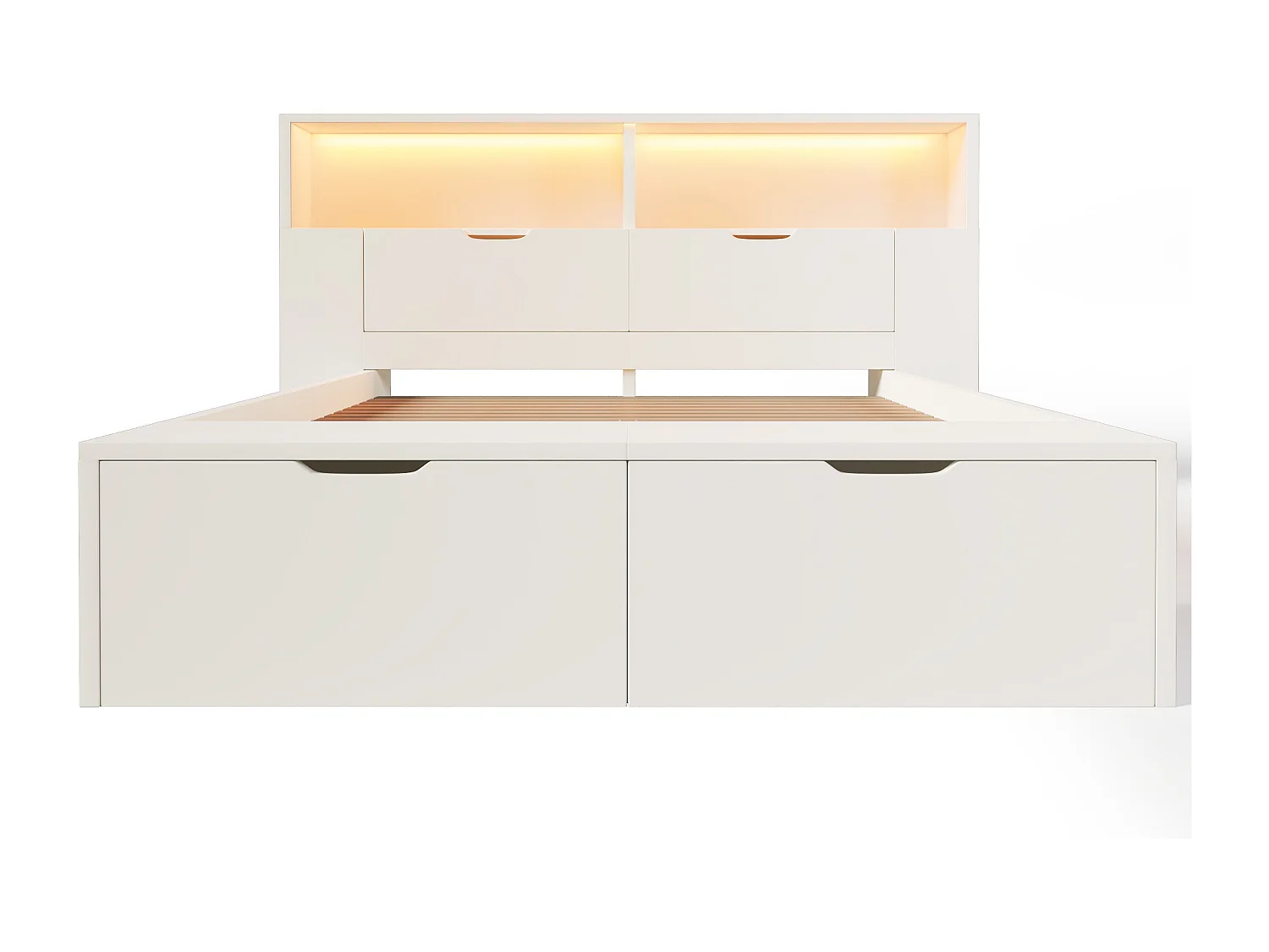 Lit adulte 140x200 cm avec LED, ports USB, tiroirs et banc - Bois blanc