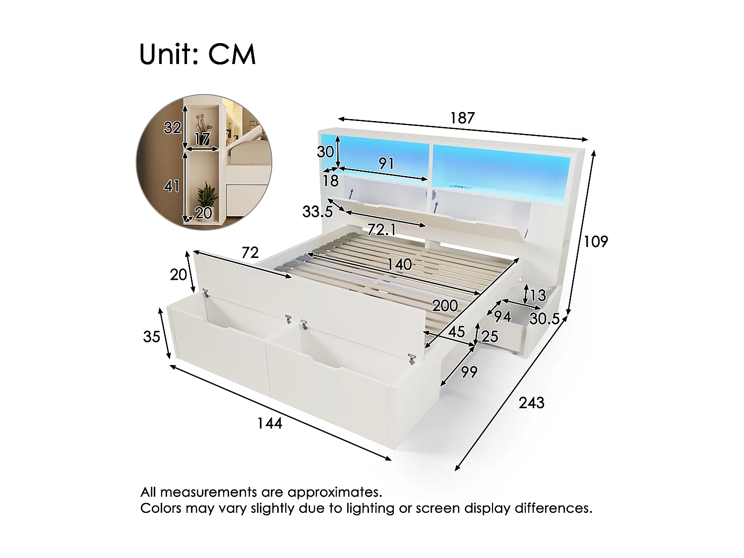 Lit adulte 140x200 cm avec LED, ports USB, tiroirs et banc - Bois blanc