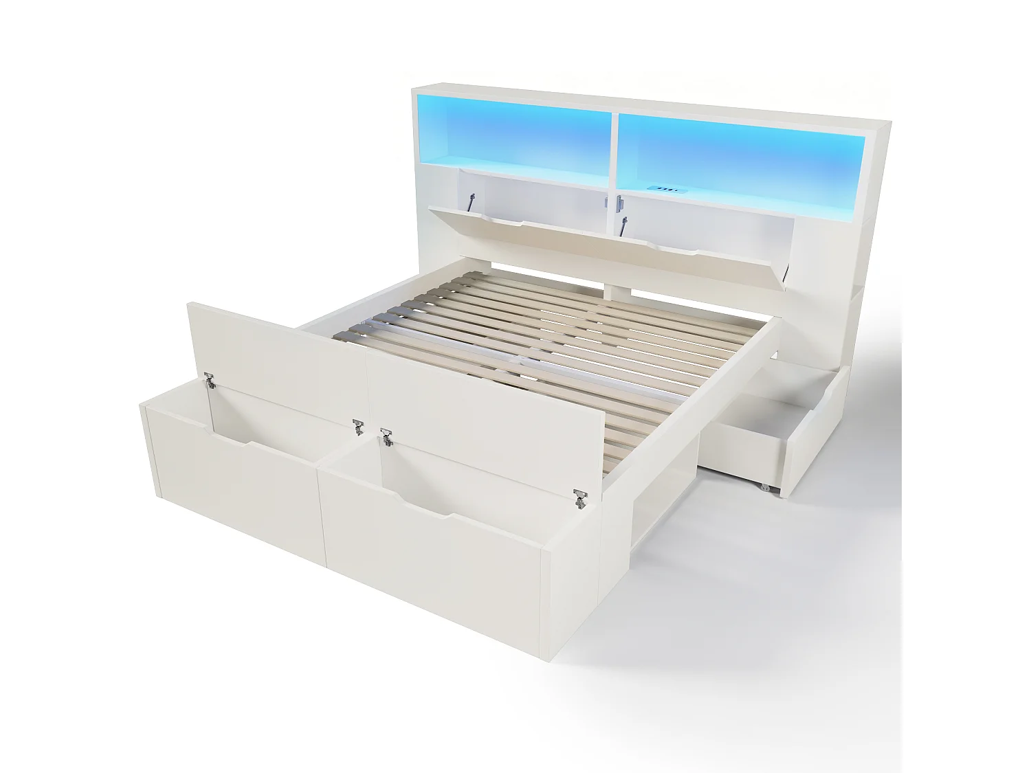 Lit adulte 140x200 cm avec LED, ports USB, tiroirs et banc - Bois blanc