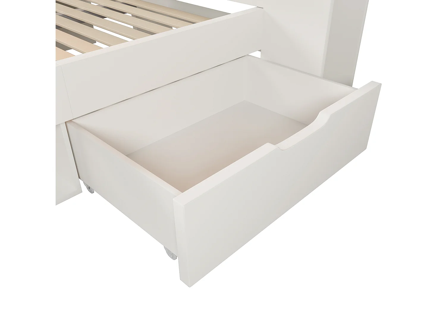 Lit adulte 140x200 cm avec LED, ports USB, tiroirs et banc - Bois blanc