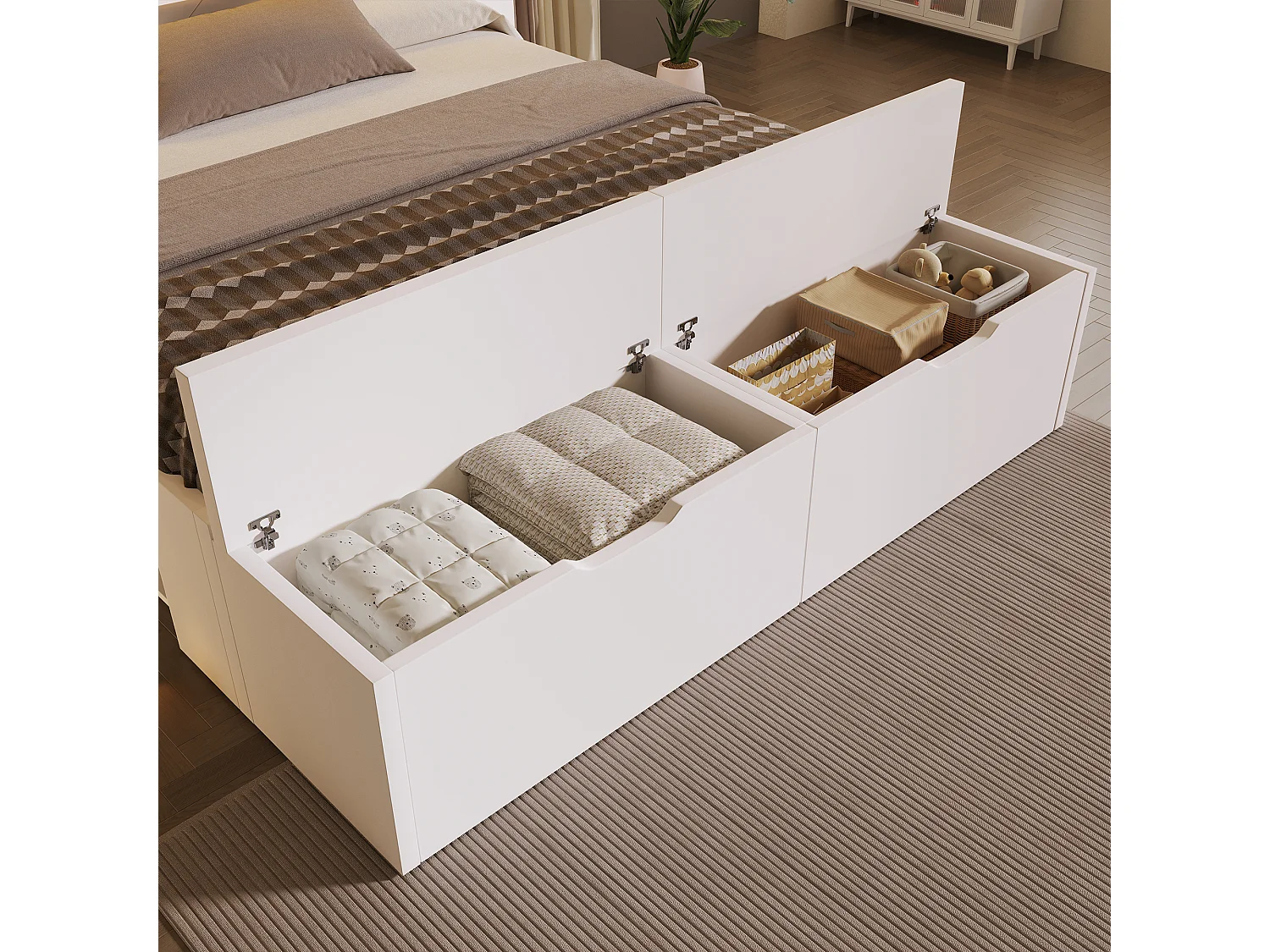 Lit adulte 140x200 cm avec LED, ports USB, tiroirs et banc - Bois blanc