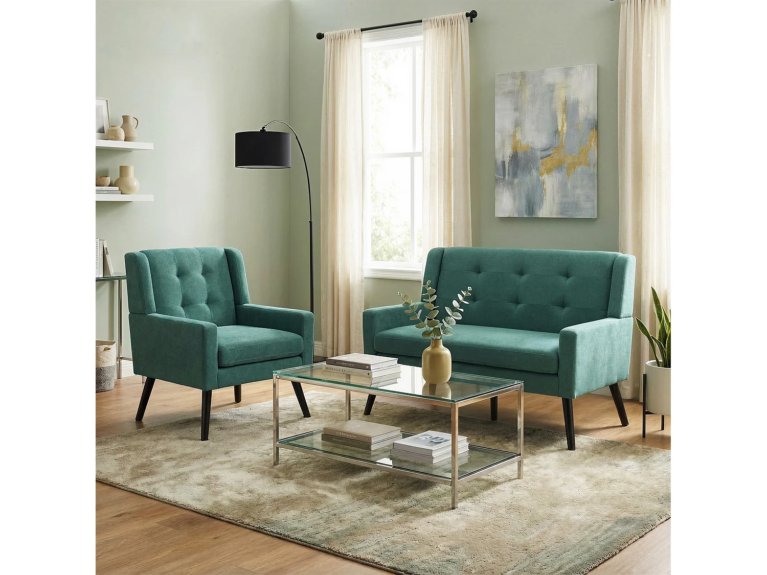 Canapé 2 places et fauteuils en tissu lin vert - Ensemble de 2 avec pieds en bois