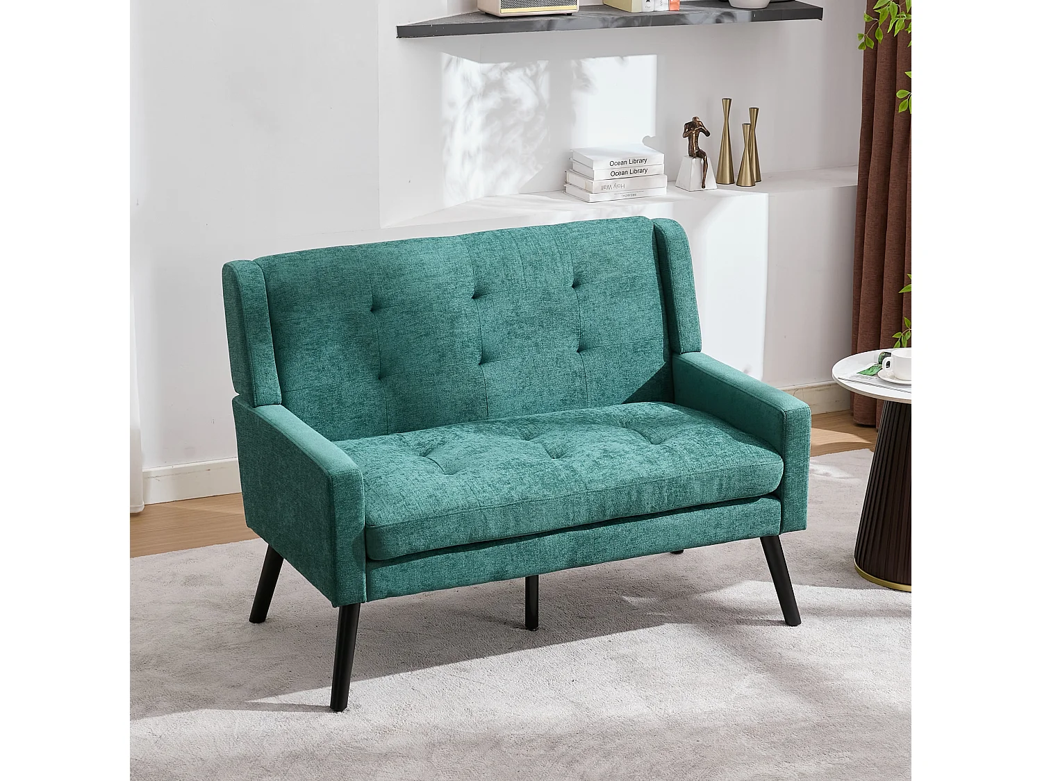 Canapé 2 places et fauteuils en tissu lin vert - Ensemble de 2 avec pieds en bois