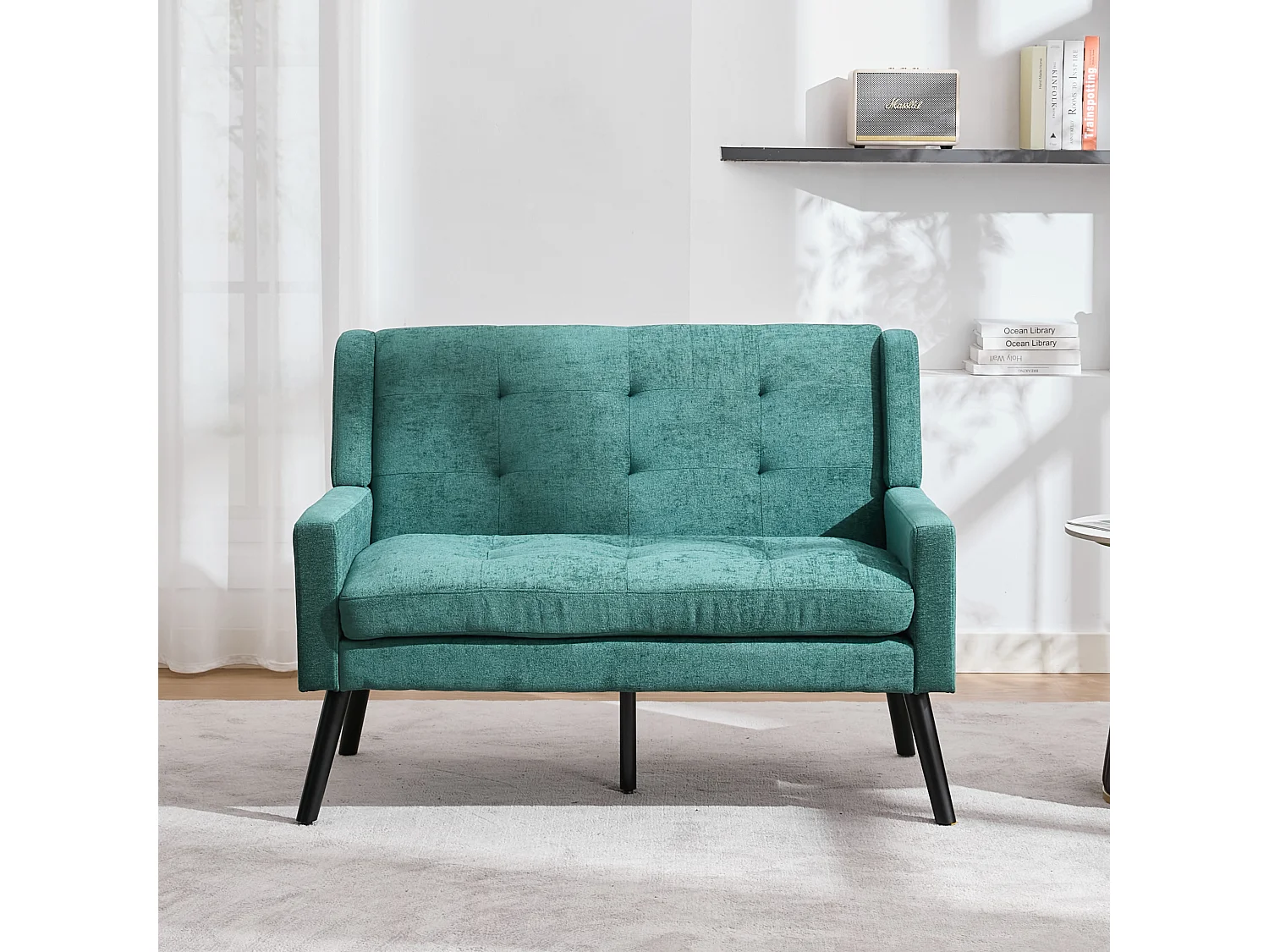 Canapé 2 places et fauteuils en tissu lin vert - Ensemble de 2 avec pieds en bois