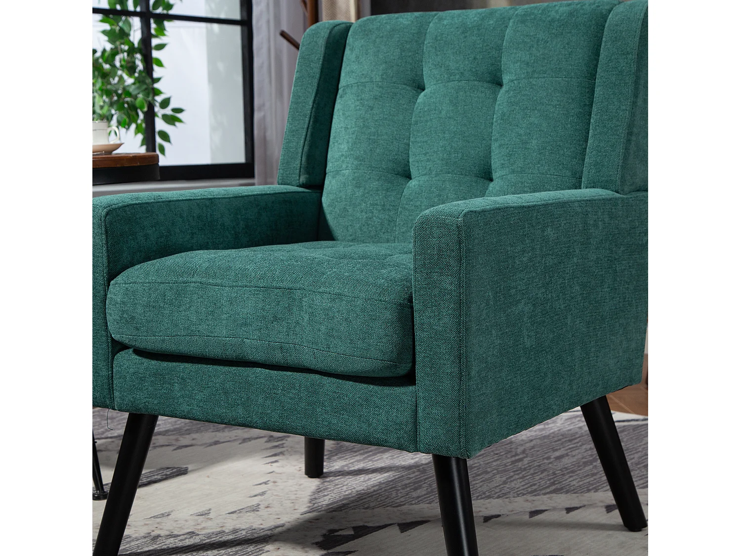 Canapé 2 places et fauteuils en tissu lin vert - Ensemble de 2 avec pieds en bois