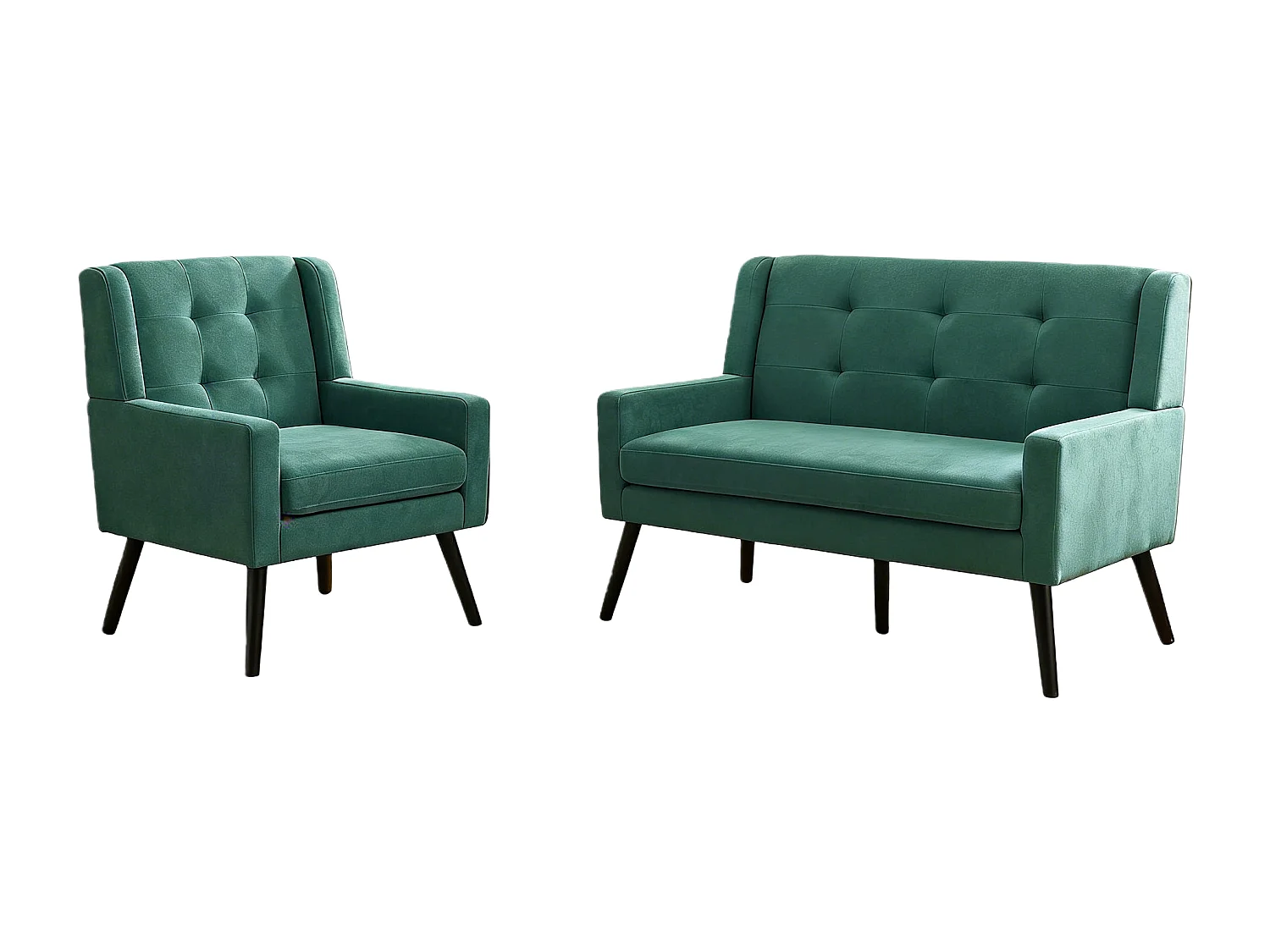 Canapé 2 places et fauteuils en tissu lin vert - Ensemble de 2 avec pieds en bois