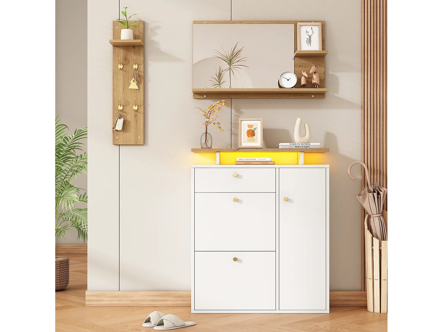 Ensemble meuble d'entrée 3 pièces - Miroir, étagère et meuble à chaussures - Blanc et bois