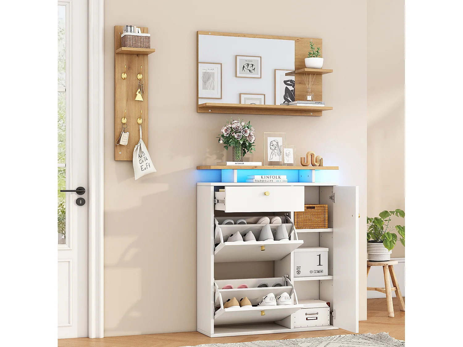 Ensemble meuble d'entrée 3 pièces - Miroir, étagère et meuble à chaussures - Blanc et bois