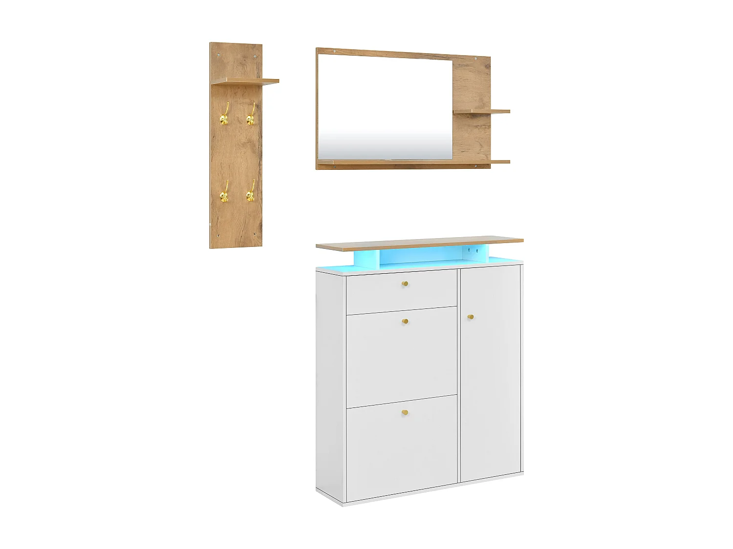 Ensemble meuble d'entrée 3 pièces - Miroir, étagère et meuble à chaussures - Blanc et bois