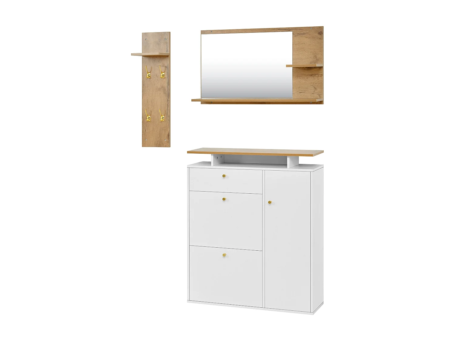 Ensemble meuble d'entrée 3 pièces - Miroir, étagère et meuble à chaussures - Blanc et bois