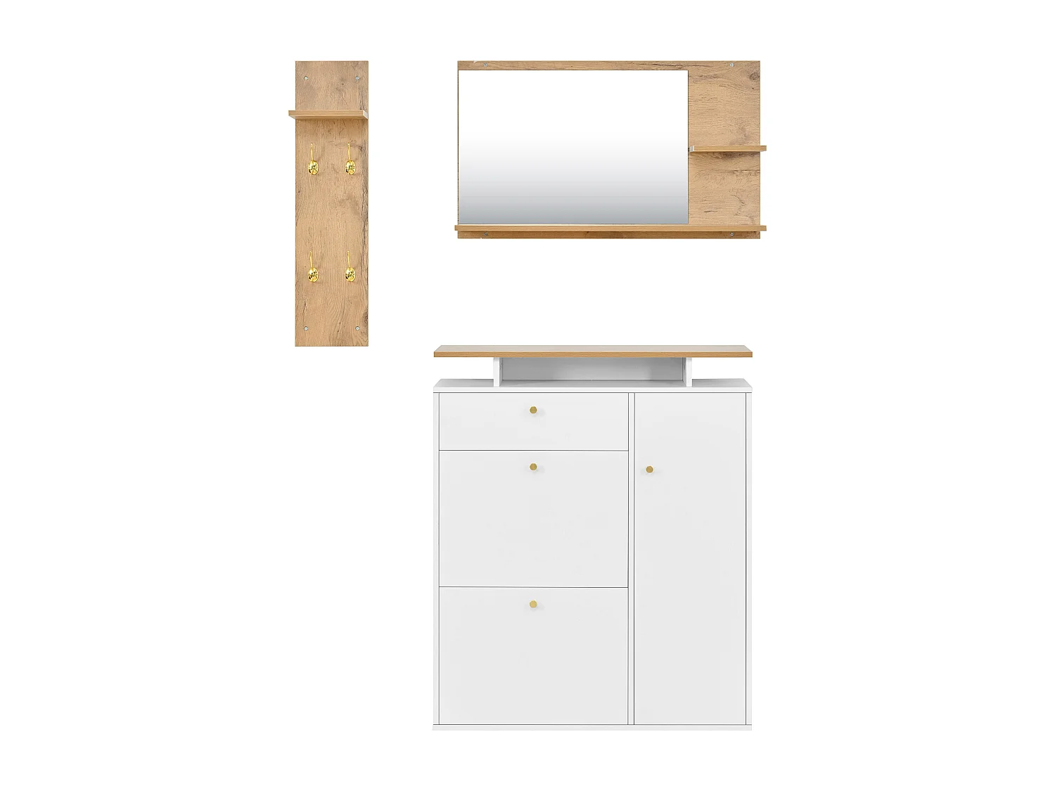 Ensemble meuble d'entrée 3 pièces - Miroir, étagère et meuble à chaussures - Blanc et bois
