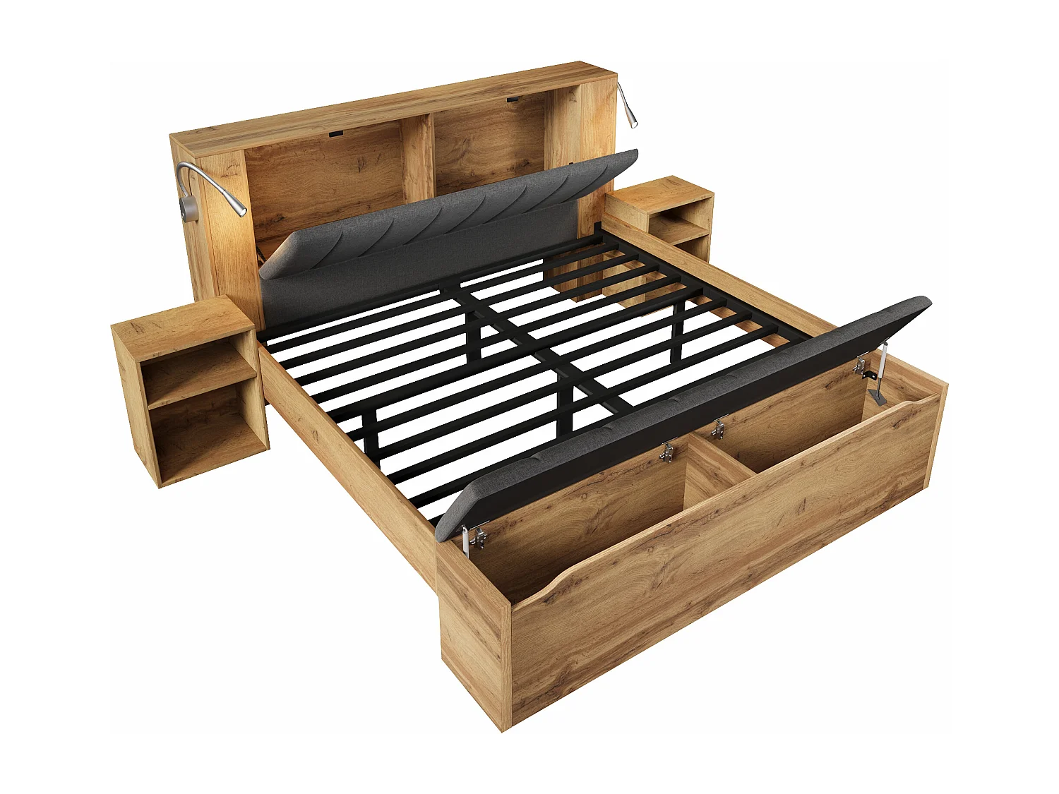 Volwassenbed 160x200 cm met 2 ledlampen, USB-poorten, krukje en 2 nachtkastjes - Hout en grijze kleur