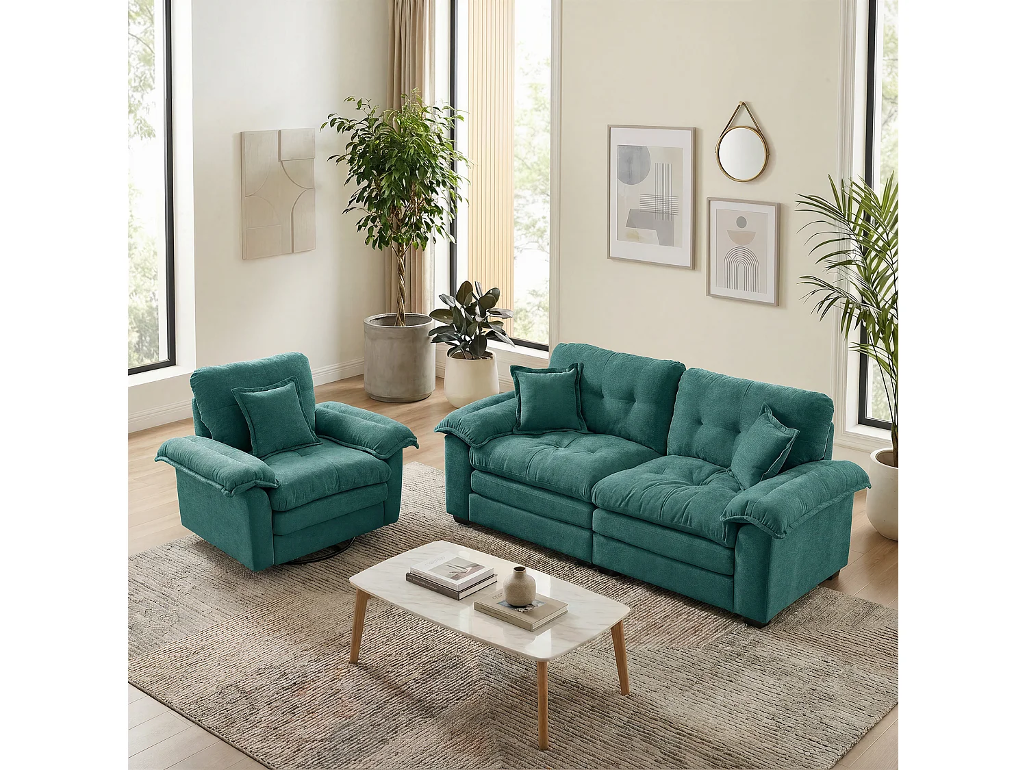 Canapé 2 places et fauteuils pivotant en tissu chenille vert - Avec coussins