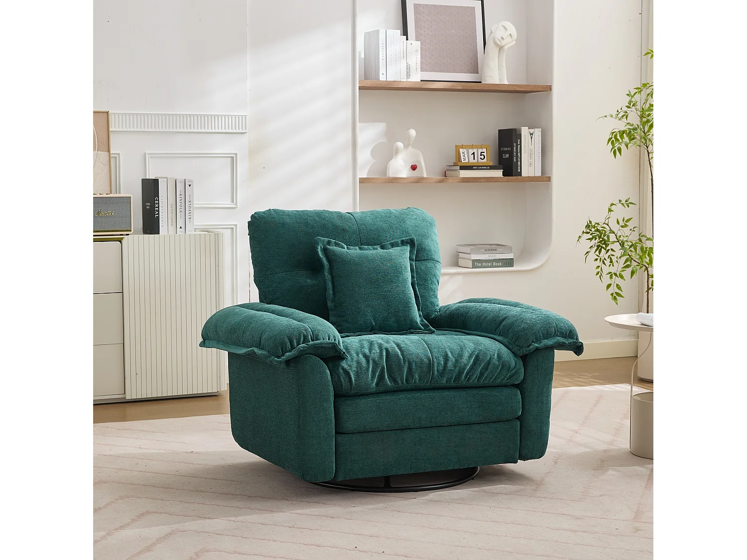 Canapé 2 places et fauteuils pivotant en tissu chenille vert - Avec coussins