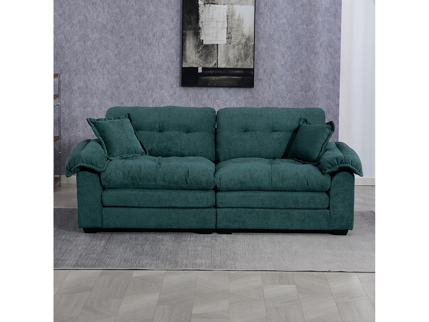 Canapé 2 places et fauteuils pivotant en tissu chenille vert - Avec coussins