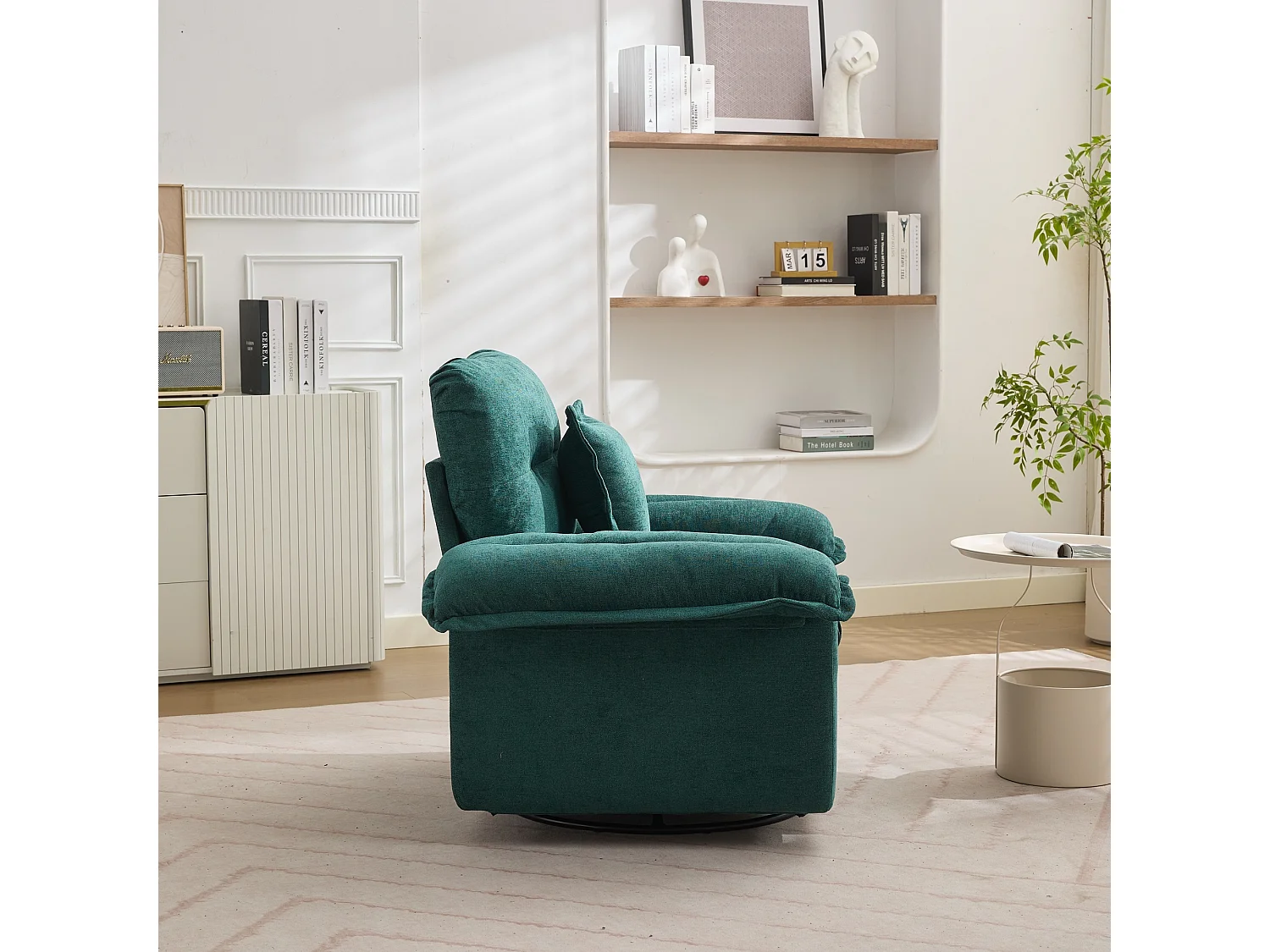 Canapé 2 places et fauteuils pivotant en tissu chenille vert - Avec coussins