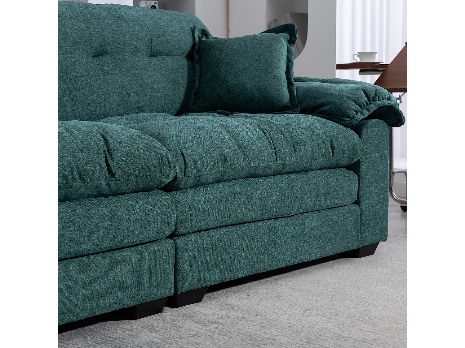 Canapé 2 places et fauteuils pivotant en tissu chenille vert - Avec coussins