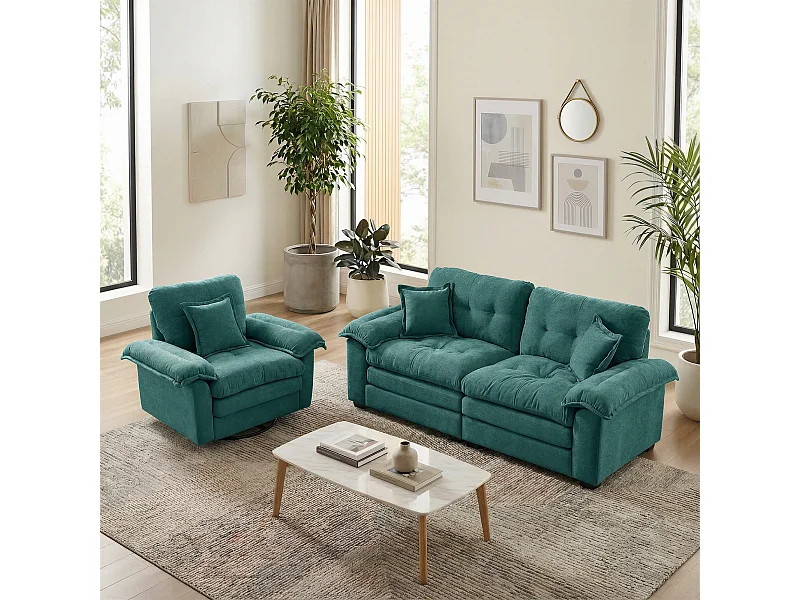 Canapé 2 places et fauteuils pivotant en tissu chenille vert - Avec coussins