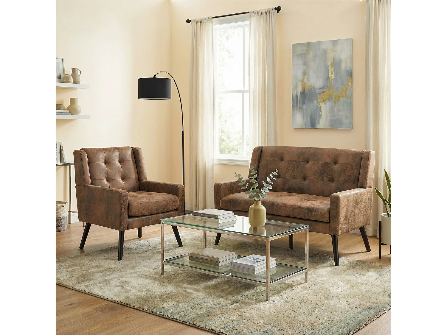 Canapé 2 places et fauteuils en tissu suédine café - Ensemble de 2 avec pieds en bois