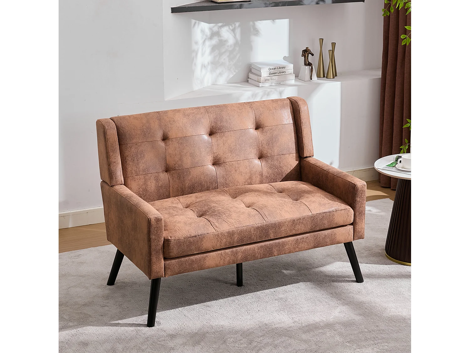 Canapé 2 places et fauteuils en tissu suédine café - Ensemble de 2 avec pieds en bois