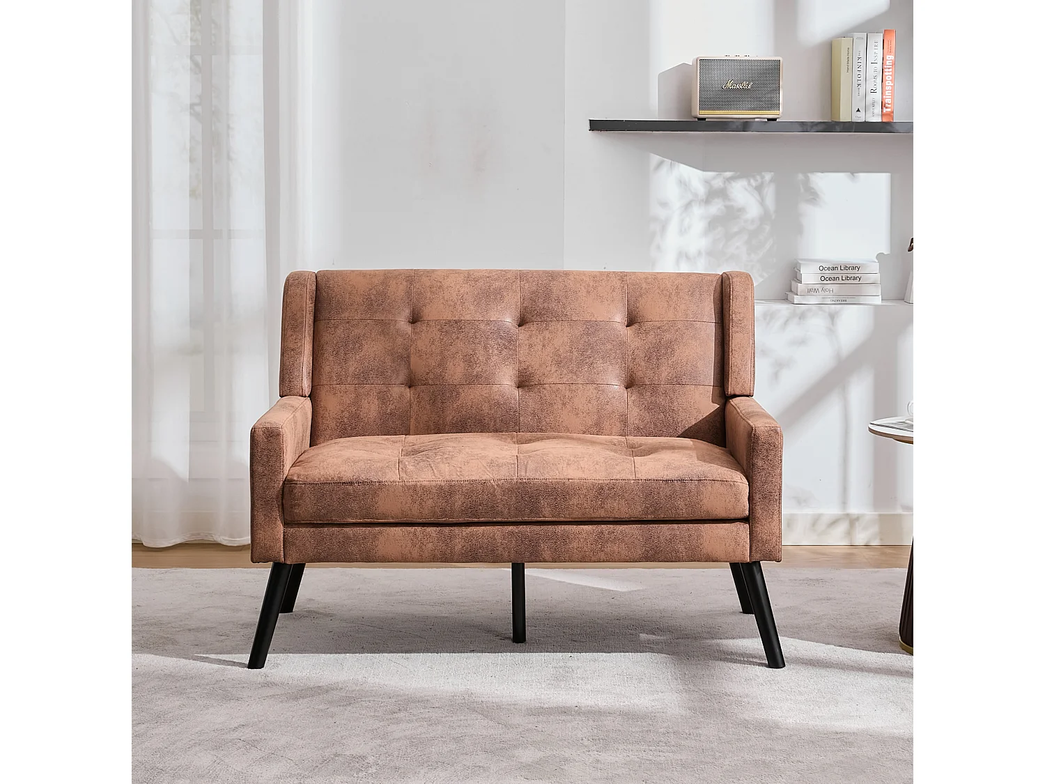 Canapé 2 places et fauteuils en tissu suédine café - Ensemble de 2 avec pieds en bois