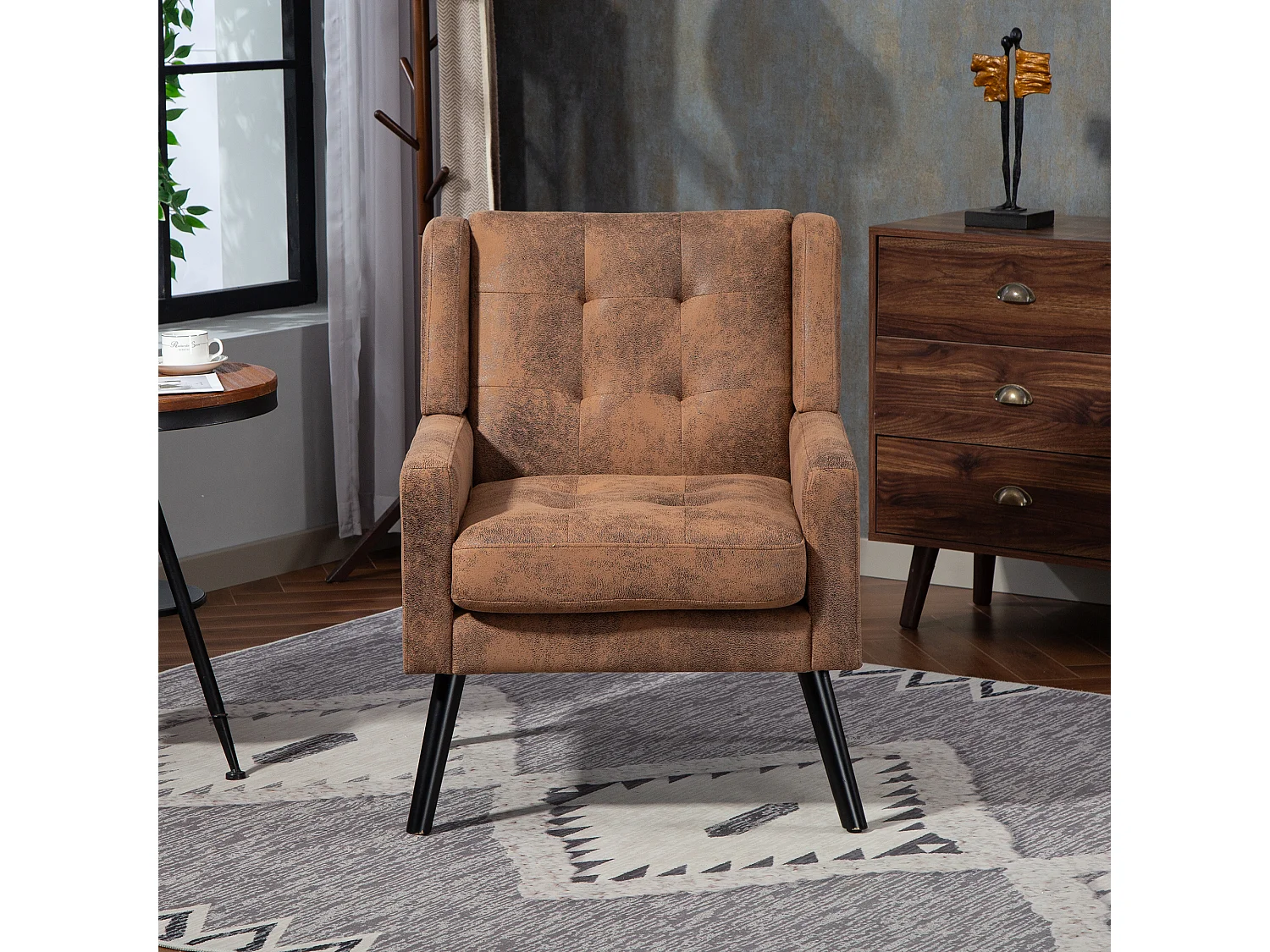 Canapé 2 places et fauteuils en tissu suédine café - Ensemble de 2 avec pieds en bois