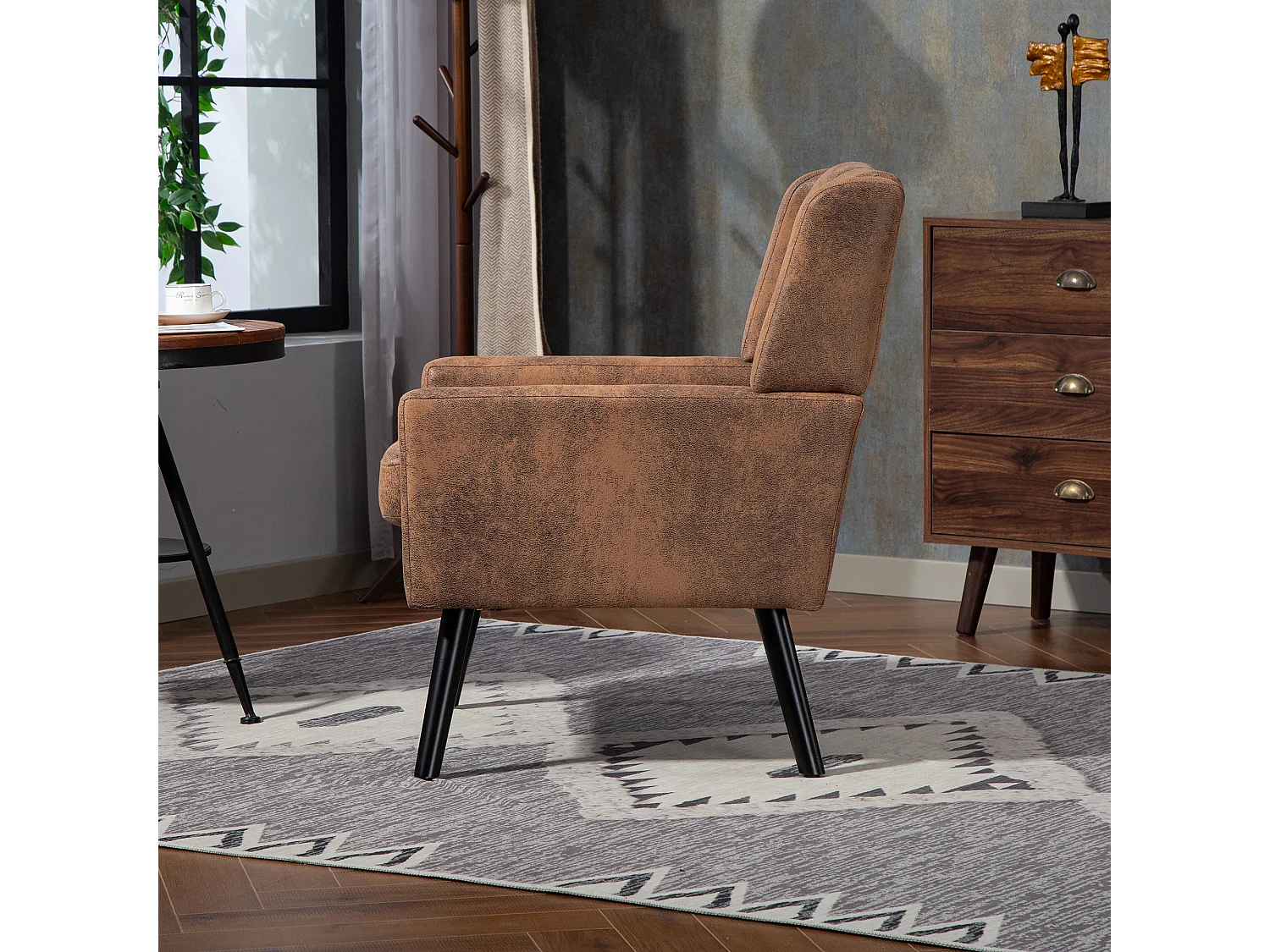 Canapé 2 places et fauteuils en tissu suédine café - Ensemble de 2 avec pieds en bois